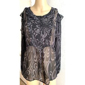 ELLE Women's XL Sheer Black Shirt Top Tie Back Blouse Fairy Whimsigoth